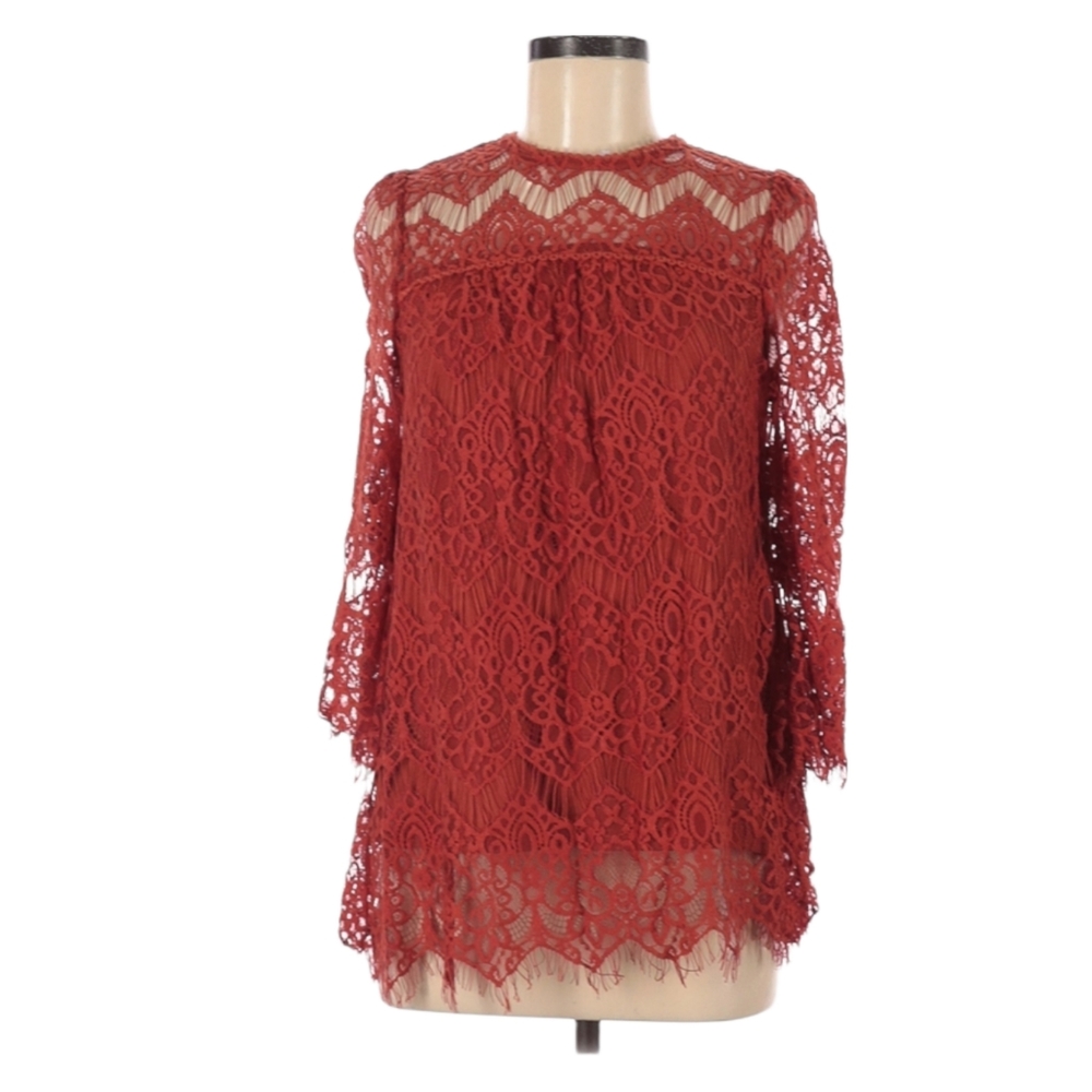 Blu Pepper Lace Embroidered Long Sleeve Blouse‎ Size M Burnt Orange Bell Sleeve